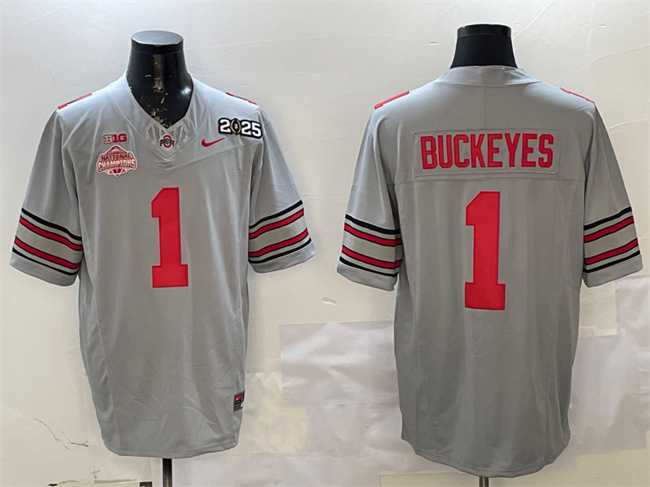 Men%27s Ohio State Buckeyes #1 Buckeyes Grey 2025 CFP Final With National Champions Patch F.U.S.E. Vapor Limited Stitched Jersey